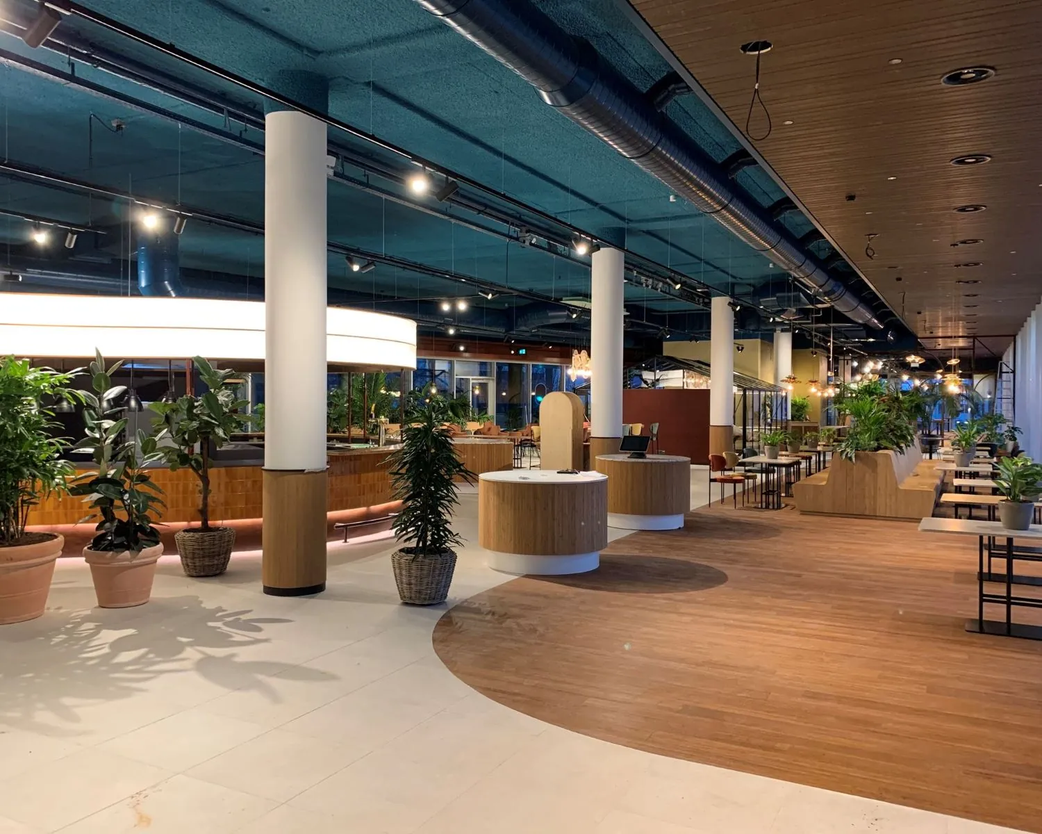 Modern ingerichte kantoorruimte met veel planten en zitgelegenheden aan het Mercuriusplein in Hoofddorp.