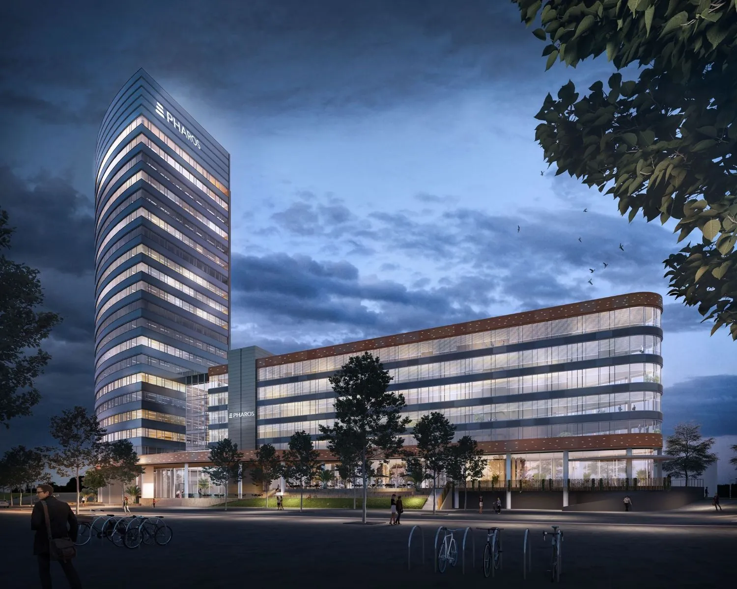 Modern kantoorgebouw Pharos aan het Mercuriusplein 1-2 in Hoofddorp bij schemering.