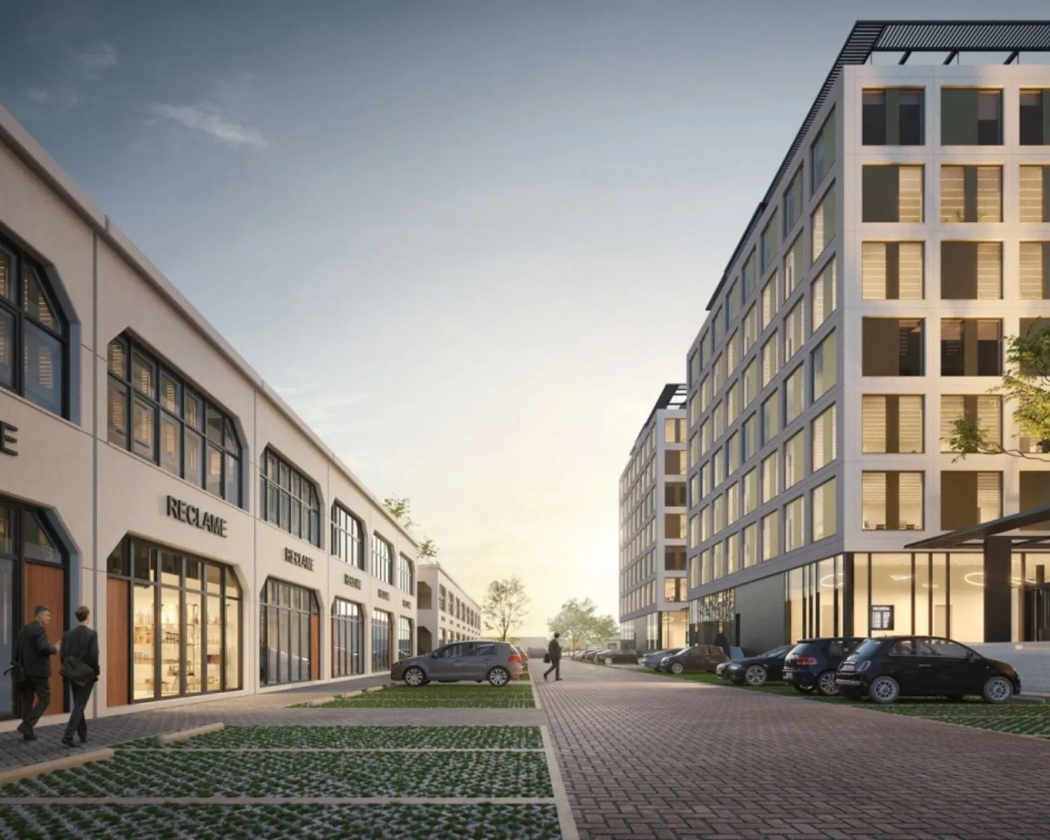 Moderne kantoorruimte te huur aan de Jan van Krimpenweg, tussen twee gebouwen met parkeerplaatsen en passerende mensen.