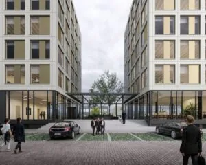 Moderne kantoorruimte aan de Jan van Krimpenweg met twee kantoorgebouwen, een centrale entree en mensen op de voorgrond.