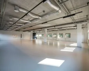 Ruime, lichte kantoorruimte te huur aan de Joop Geesinkweg met industriële afwerking en grote ramen.