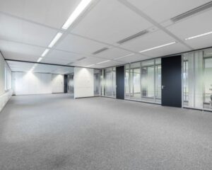Moderne, lege kantoorruimte met tapijtvloer en glazen scheidingswanden aan de Meander 901 in Arnhem.