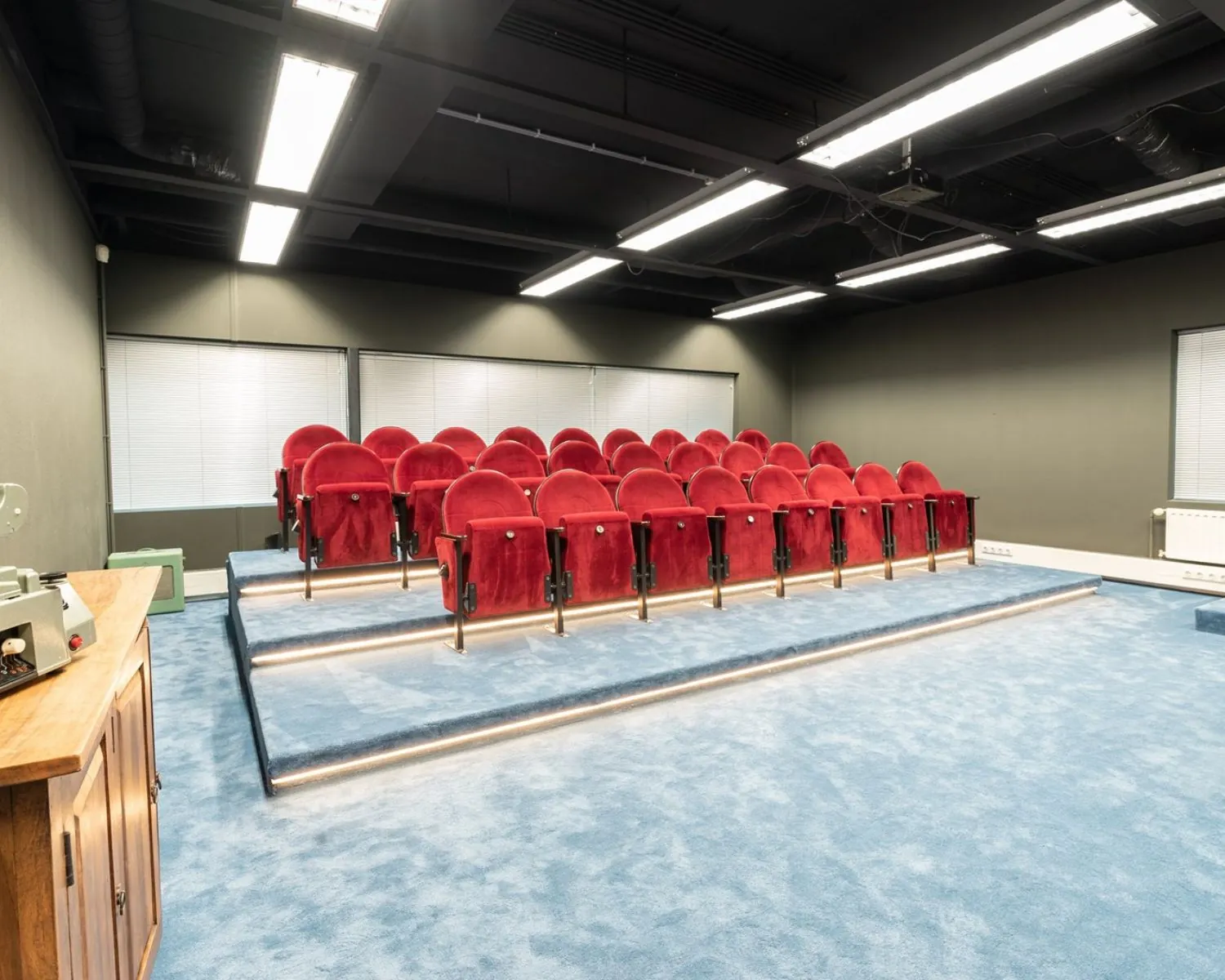 Bioscoopzaal met rode stoelen en blauwe vloerbedekking in een kantoorruimte aan de Professor W.H. Keesomlaan 12.