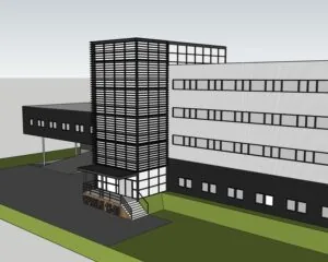 3D-impressie van een modern kantoorgebouw aan de Capronilaan 12-20 in Schiphol-Rijk.