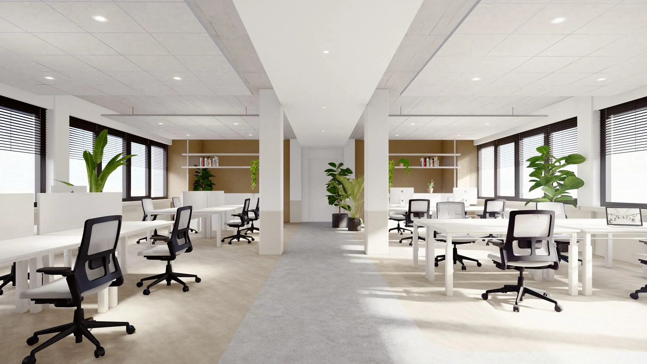 Moderne kantoorruimte met werkplekken, bureaustoelen en planten aan de Atoomweg 50 in Utrecht.