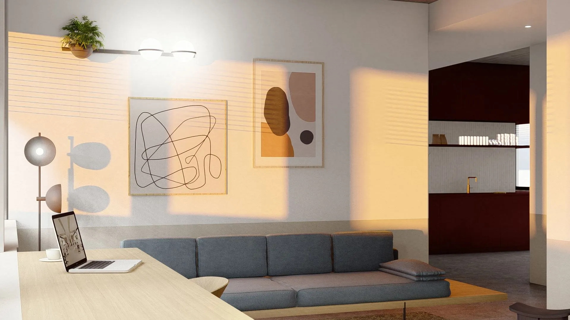 Moderne en sfeervolle kantoorruimte met zithoek, kunst aan de muur en laptop op bureau in Utrecht aan de Atoomweg 50-17.