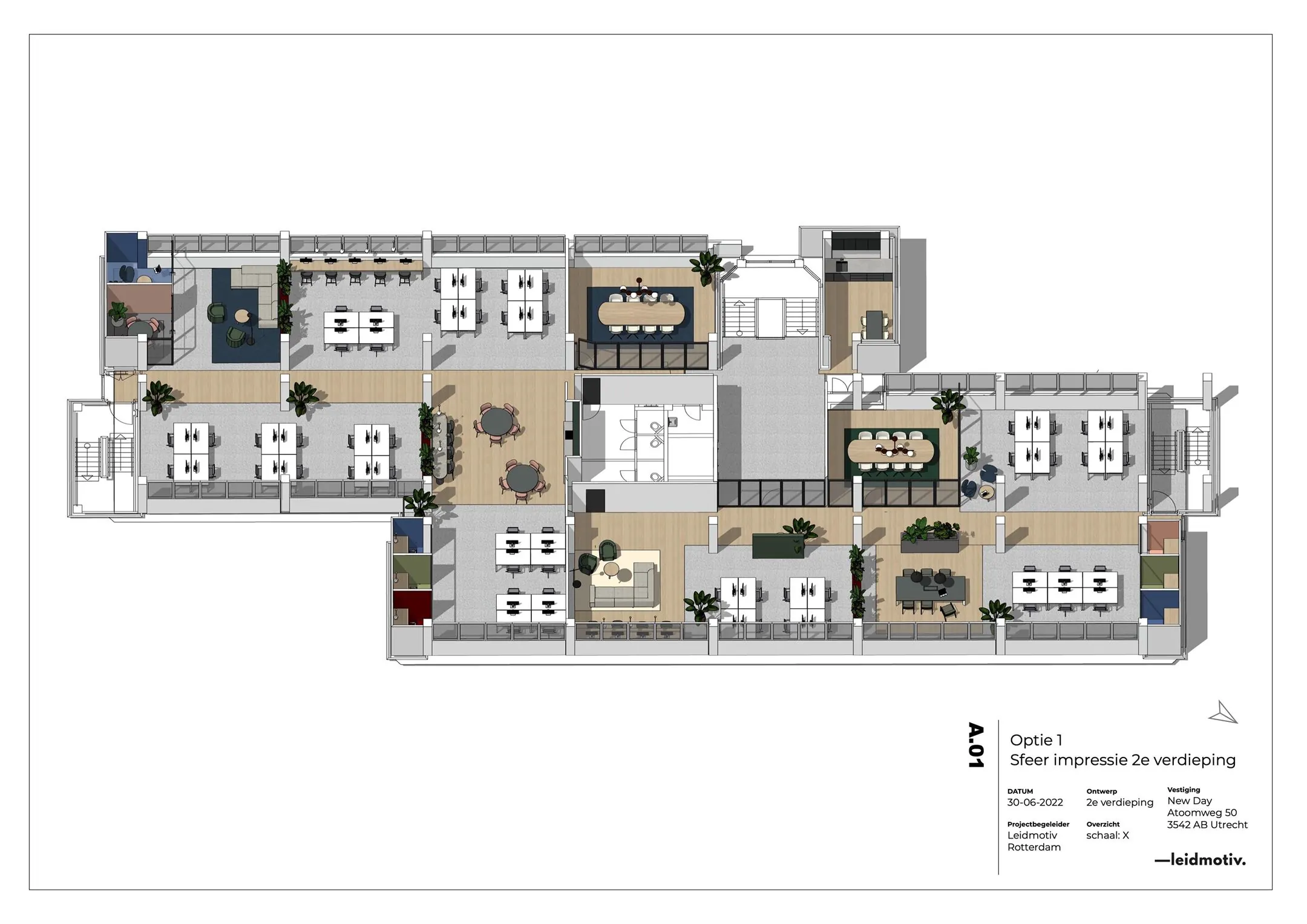 3D-plattegrond van de tweede verdieping van kantoorruimte aan de Atoomweg 50 in Utrecht, met werkplekken, vergaderruimtes en loungehoeken.