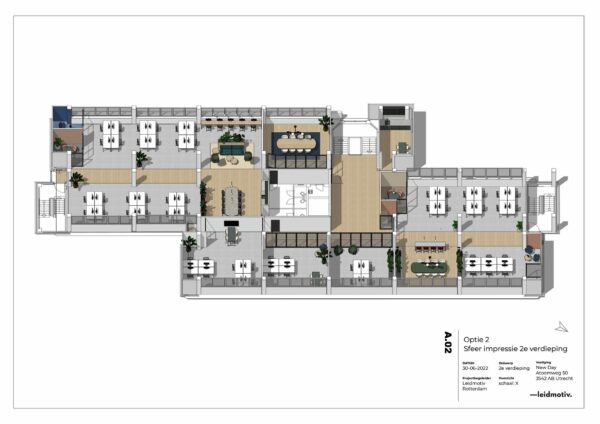 Plattegrond van de tweede verdieping van een moderne kantoorruimte aan de Atoomweg 50 in Utrecht, met werkplekken, vergaderruimtes en gemeenschappelijke zones.