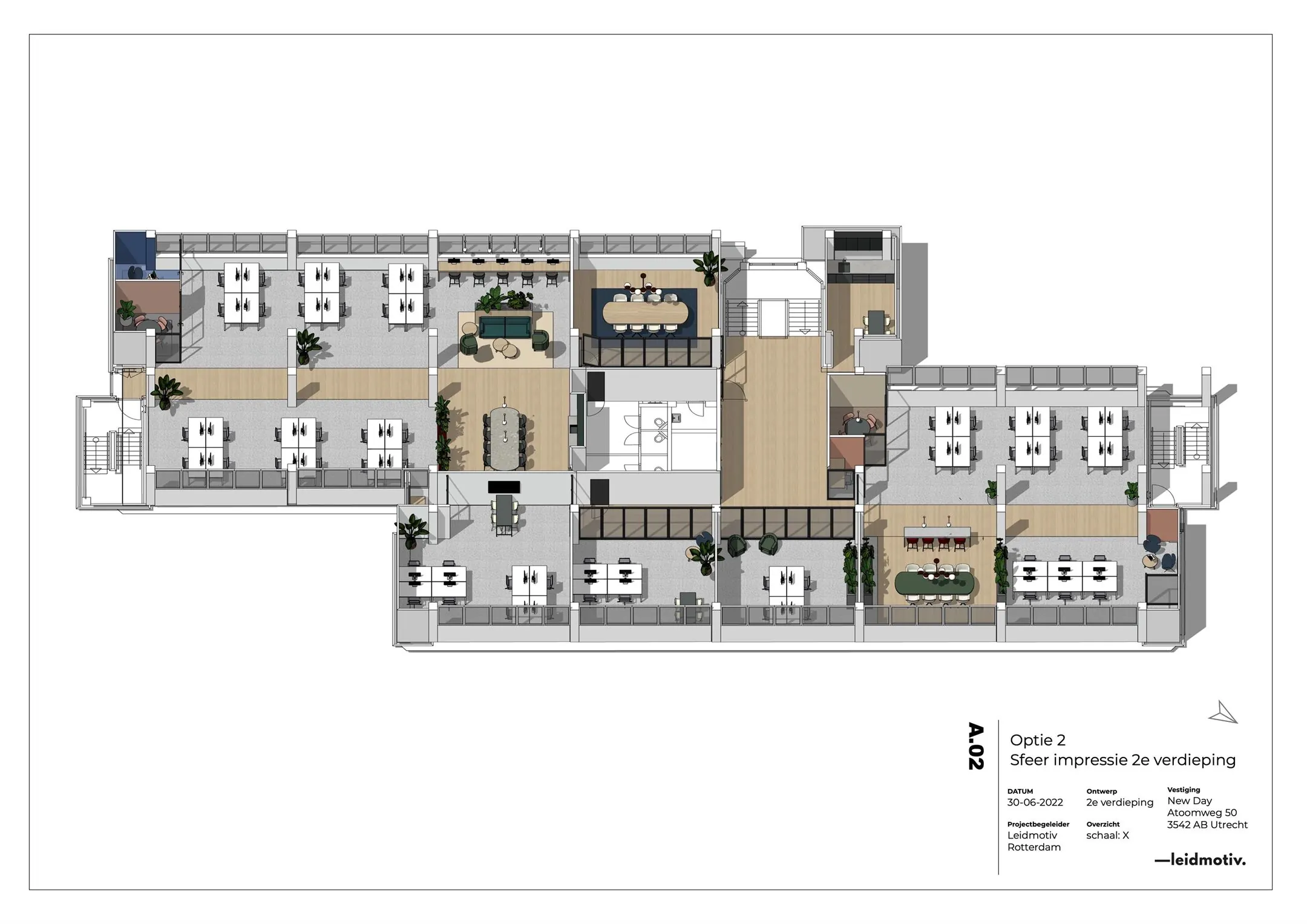 Plattegrond van de tweede verdieping van een moderne kantoorruimte aan de Atoomweg 50 in Utrecht, met werkplekken, vergaderruimtes en gemeenschappelijke zones.