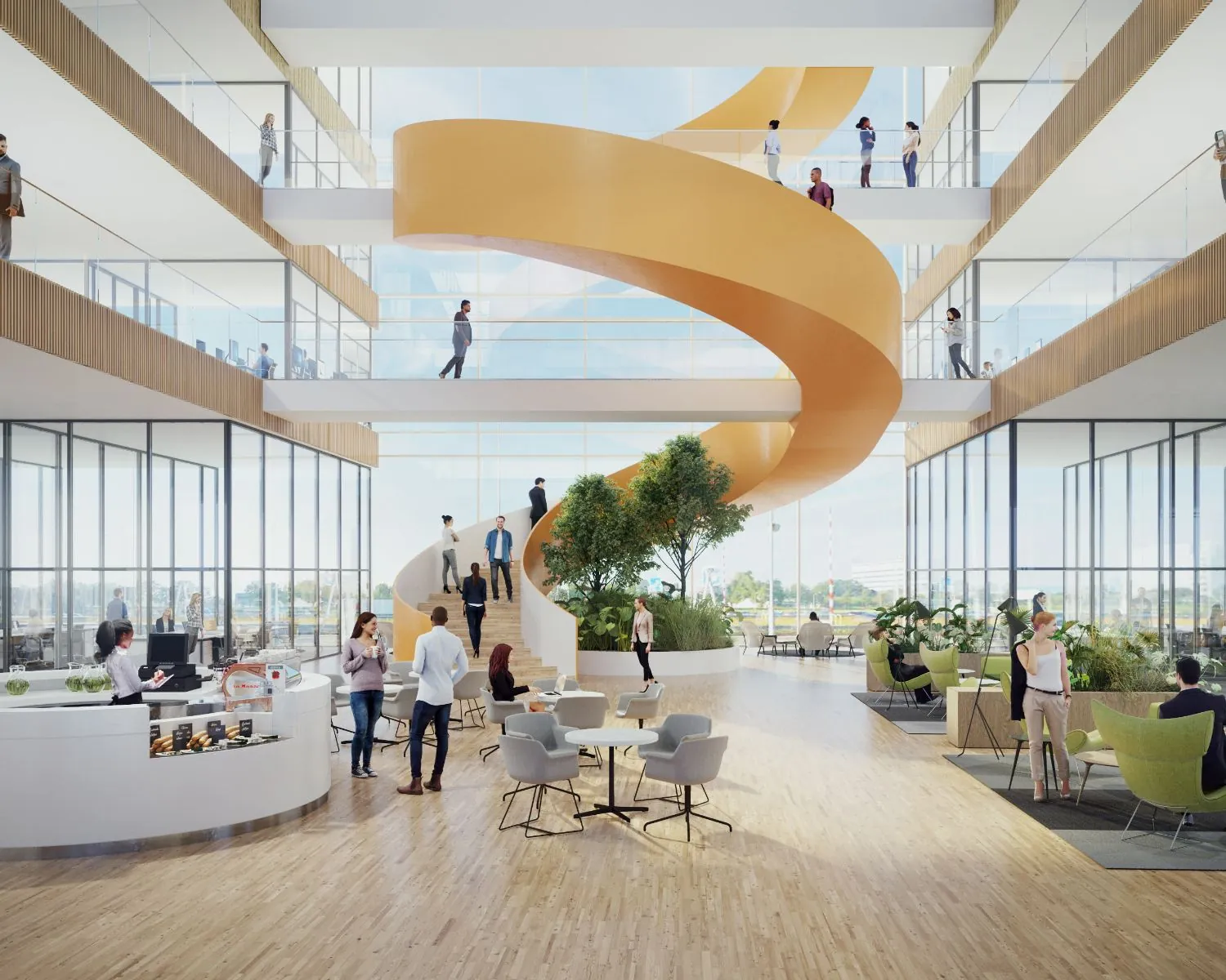 Moderne kantoorruimte aan de Reykjavikstraat in Utrecht met open atrium, spiraalvormige trap, veel glas en groene zitruimtes.