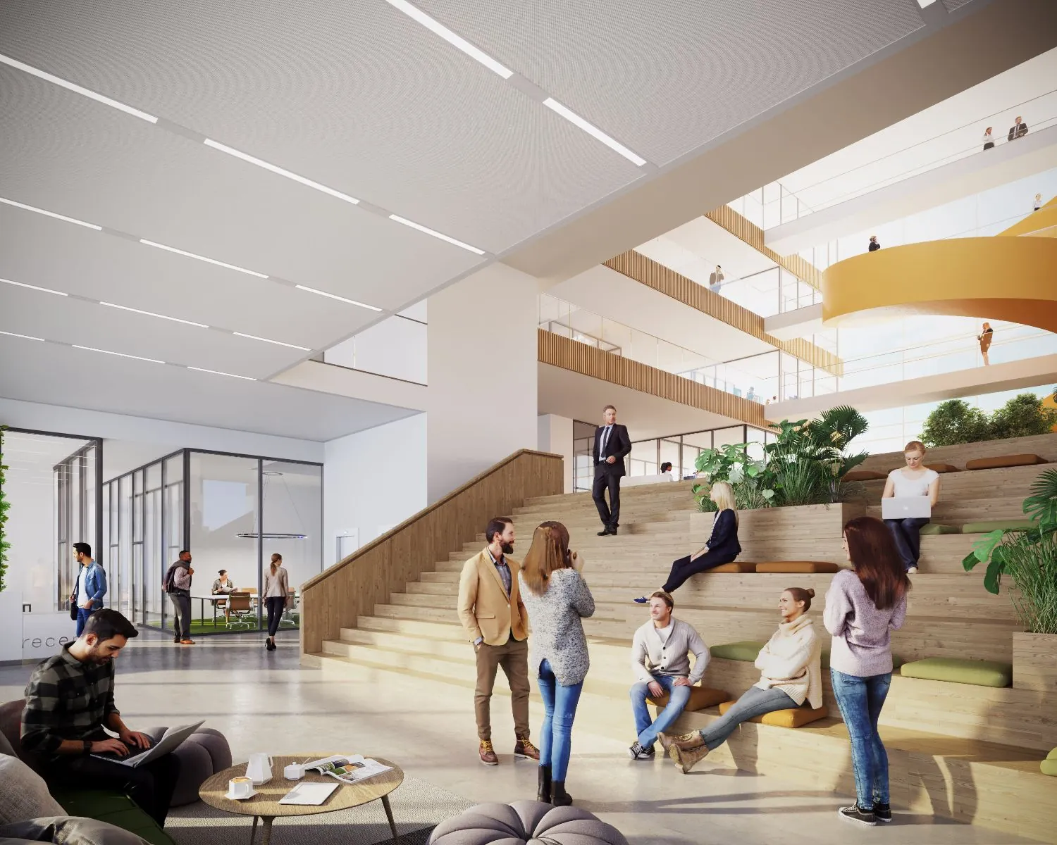 Moderne, open kantoorruimte aan de Reykjavikstraat in Utrecht met zittribune, ontmoetingsplekken en glazen vergaderruimtes.