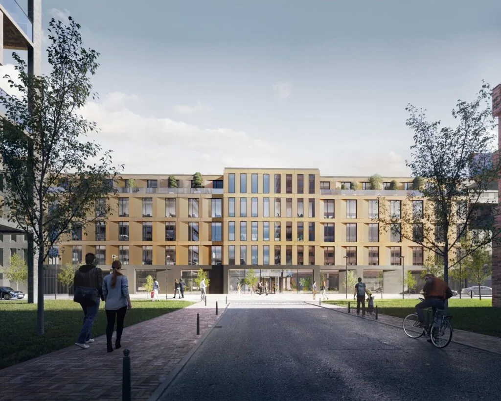 Modern kantoorgebouw aan de Reykjavikstraat 1-3 in Utrecht met een gele gevel en glazen entree, gezien vanaf de straat.