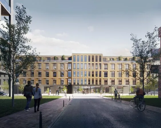 Modern kantoorgebouw aan de Reykjavikstraat 1-3 in Utrecht met een gele gevel en glazen entree, gezien vanaf de straat.