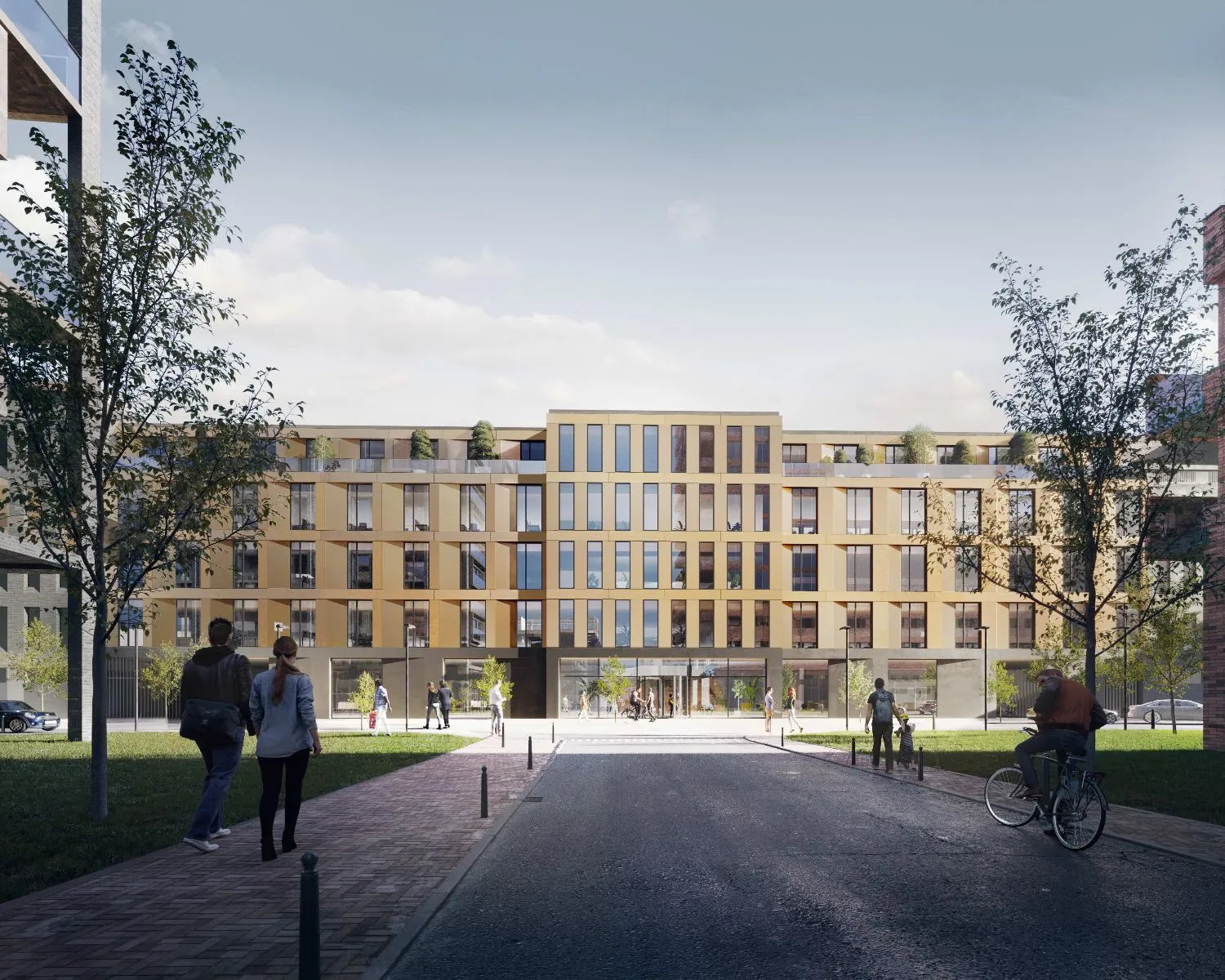 Modern kantoorgebouw aan de Reykjavikstraat 1-3 in Utrecht met een gele gevel en glazen entree, gezien vanaf de straat.