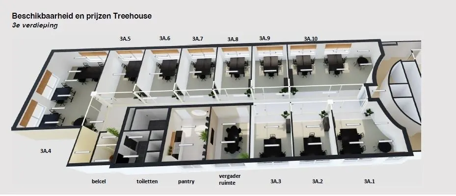 3D plattegrond van de derde verdieping van Treehouse-kantoorruimte aan de Varrolaan 100 in Utrecht, met ingetekende units, vergaderruimte en voorzieningen.