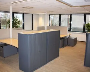 Moderne kantoorruimte met werkplekken, planten en kasten in het pand aan de Elisabethhof 21-23.