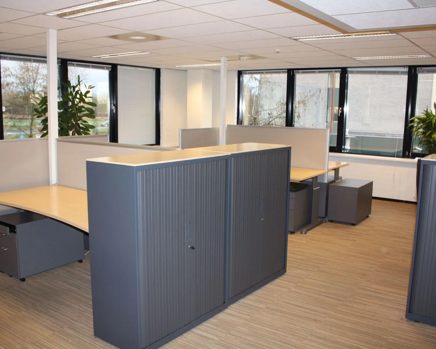 Moderne kantoorruimte met werkplekken, planten en kasten in het pand aan de Elisabethhof 21-23.