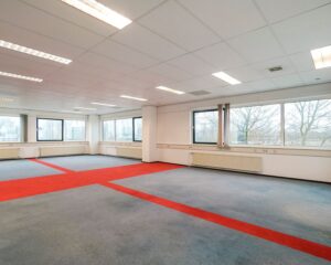 Ruime, lichte kantoorruimte aan de Haagse Schouwweg met grijs tapijt en rode accenten.