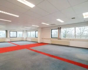 Ruime, lichte kantoorruimte aan de Haagse Schouwweg met grijs tapijt en rode accenten.