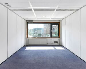 Leegstaande kantoorruimte met wit gestucte wanden, blauw tapijt en een groot raam aan de Reigerstraat 30.