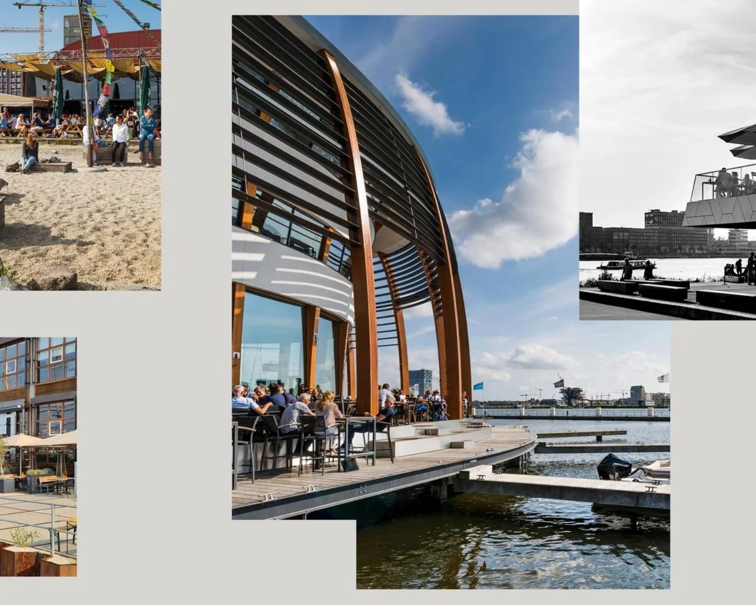 Collage van de NDSM-werf in Amsterdam met moderne kantoorruimte aan het water en levendige buitenruimtes met terrassen en zitgelegenheid.