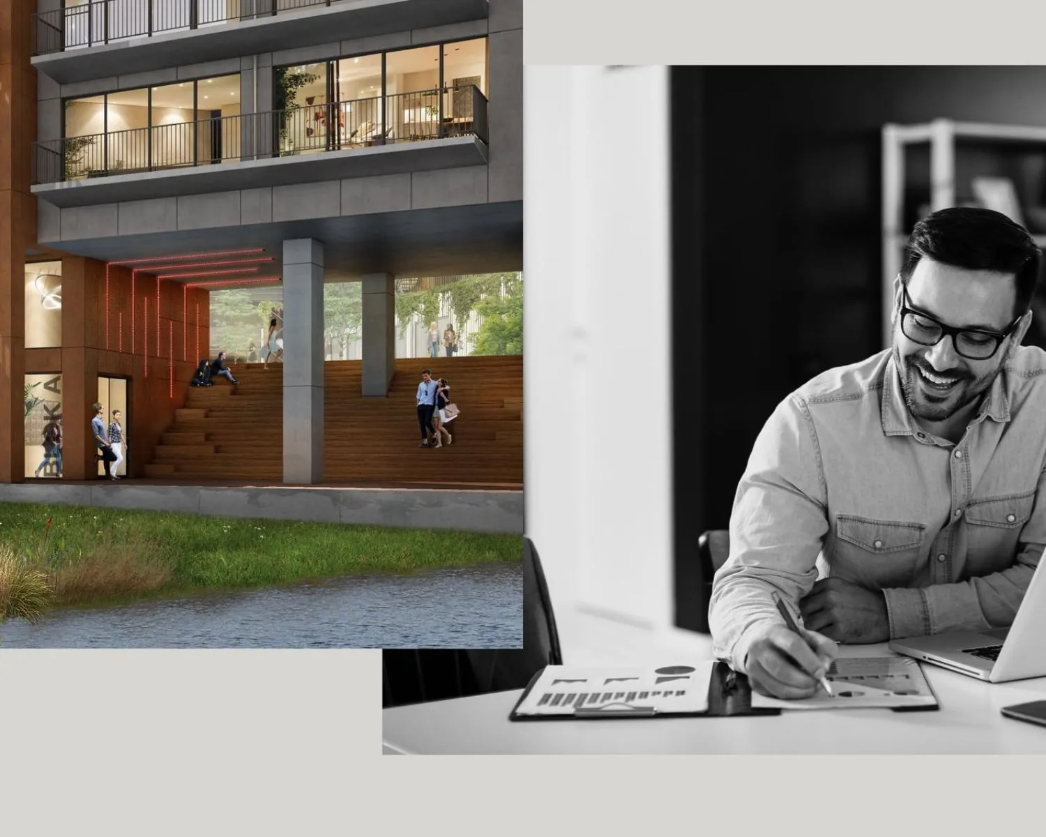 Combinatie van een moderne kantoorruimte aan de NDSM-pier in Amsterdam en een man die lachend werkt aan een bureau met laptop en papieren.