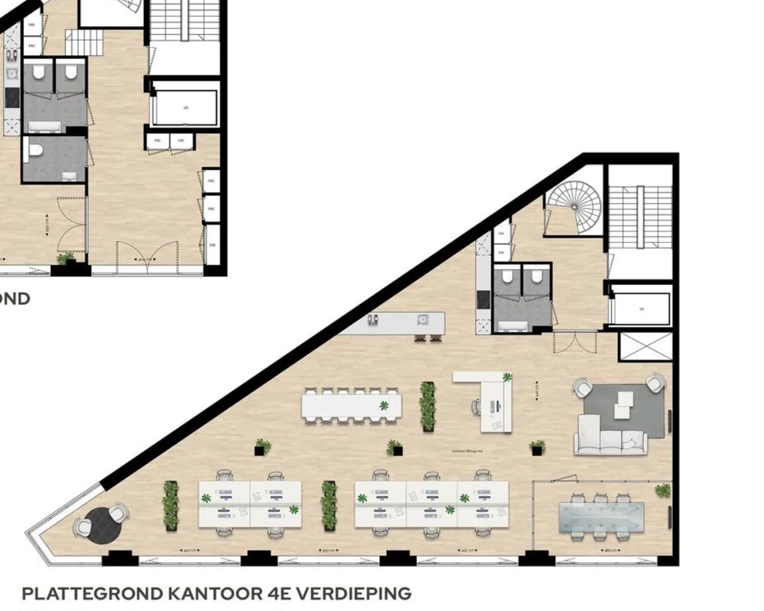 Plattegrond van een moderne kantoorruimte op de 4e verdieping van NDSM Pier 2 in Amsterdam, met open werkplekken, vergaderruimtes en loungegedeelte.