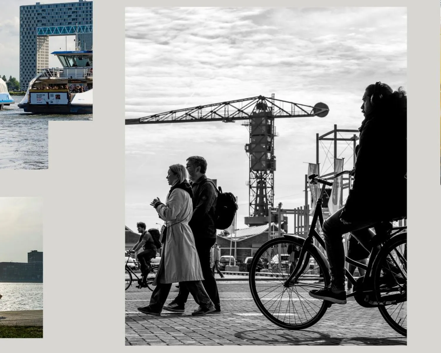 Wandelaars en fietsers passeren de iconische hijskraan op de NDSM-pier in Amsterdam.