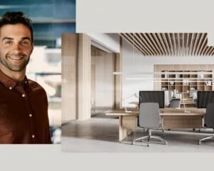 Moderne kantoorruimte met houten interieur op de NDSM-pier in Amsterdam en een lachende man op de voorgrond.