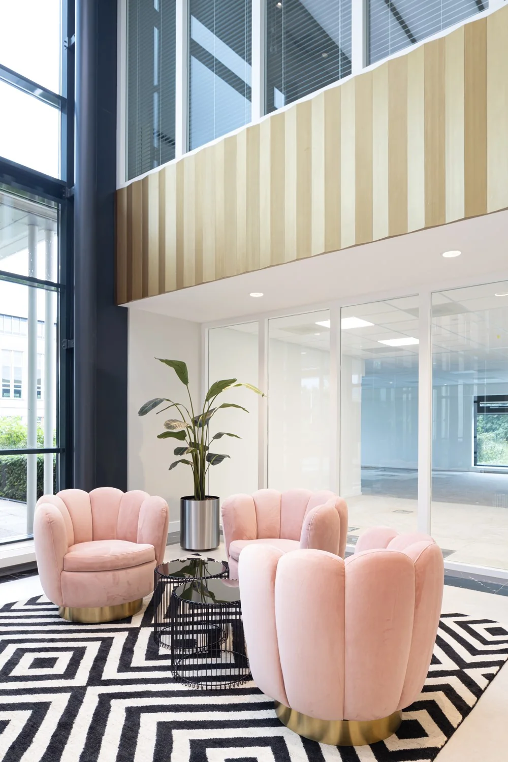 Moderne wachtruimte in Hoofddorp met roze fluwelen stoelen, een zwart-wit geometrisch vloerkleed en een plant in een metalen pot.