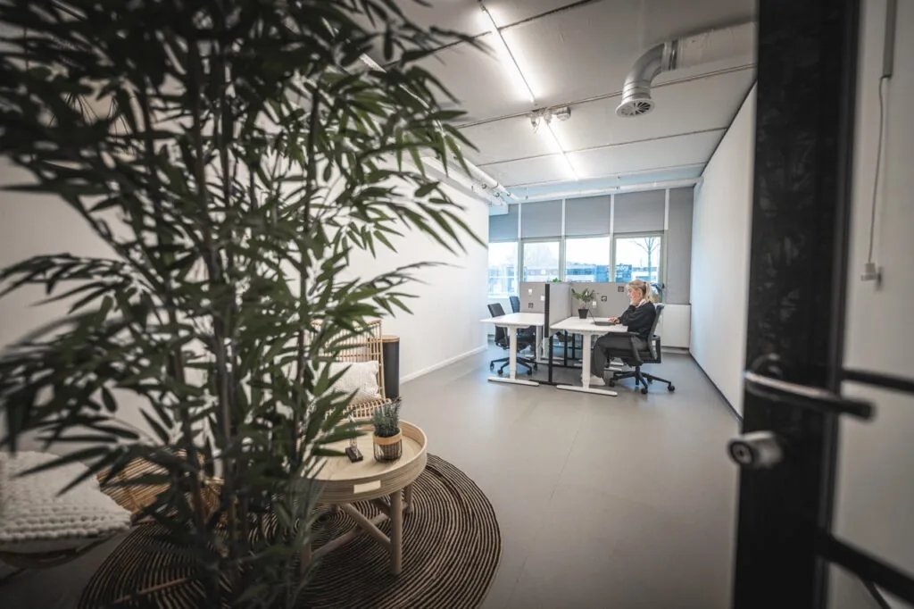 Moderne kantoorruimte aan de Rietbaan 2-12 in Capelle aan den IJssel met werkplekken, grote ramen en een zitgedeelte met planten.