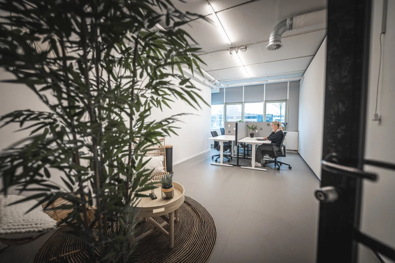 Moderne kantoorruimte aan de Rietbaan 2-12 in Capelle aan den IJssel met werkplekken, grote ramen en een zitgedeelte met planten.