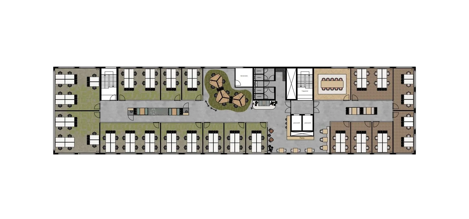 Plattegrond van kantoorruimte Rijnzathe 12 in De Meern met werkplekken, vergaderruimtes en gemeenschappelijke zones.