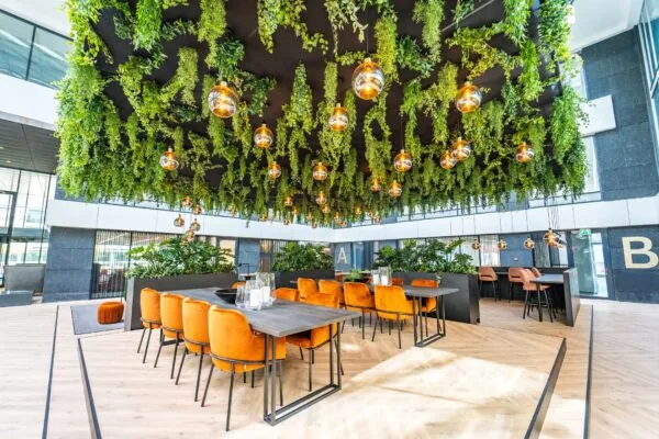 Moderne kantoorruimte aan de Lange Kleiweg met oranje stoelen, houten tafels en een plafond met hangende planten en sfeerverlichting.