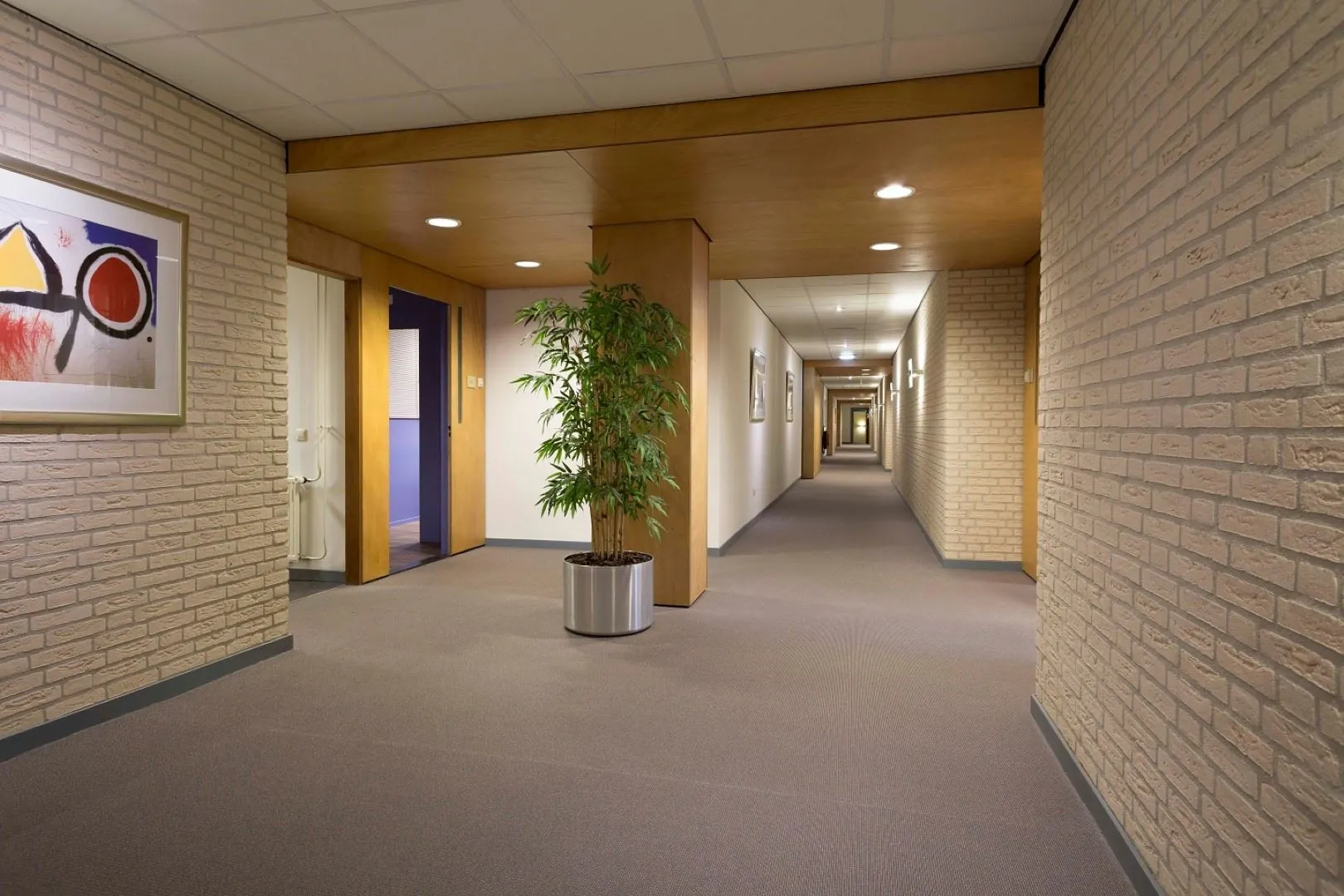 Moderne gang in een kantoorpand aan de Kanaaldijk-Zuid 19 met een plant, kunst aan de muur en houten deurkozijnen.