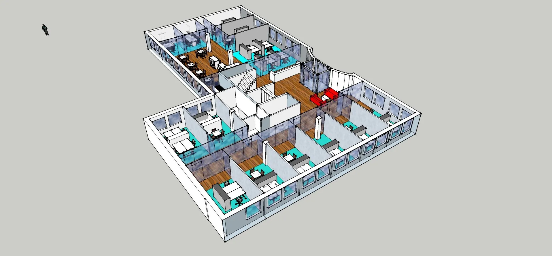 3D-tekening van de kantoorruimte Kanaalpark 157 met meerdere werkplekken, vergaderruimtes en open kantoorindeling.