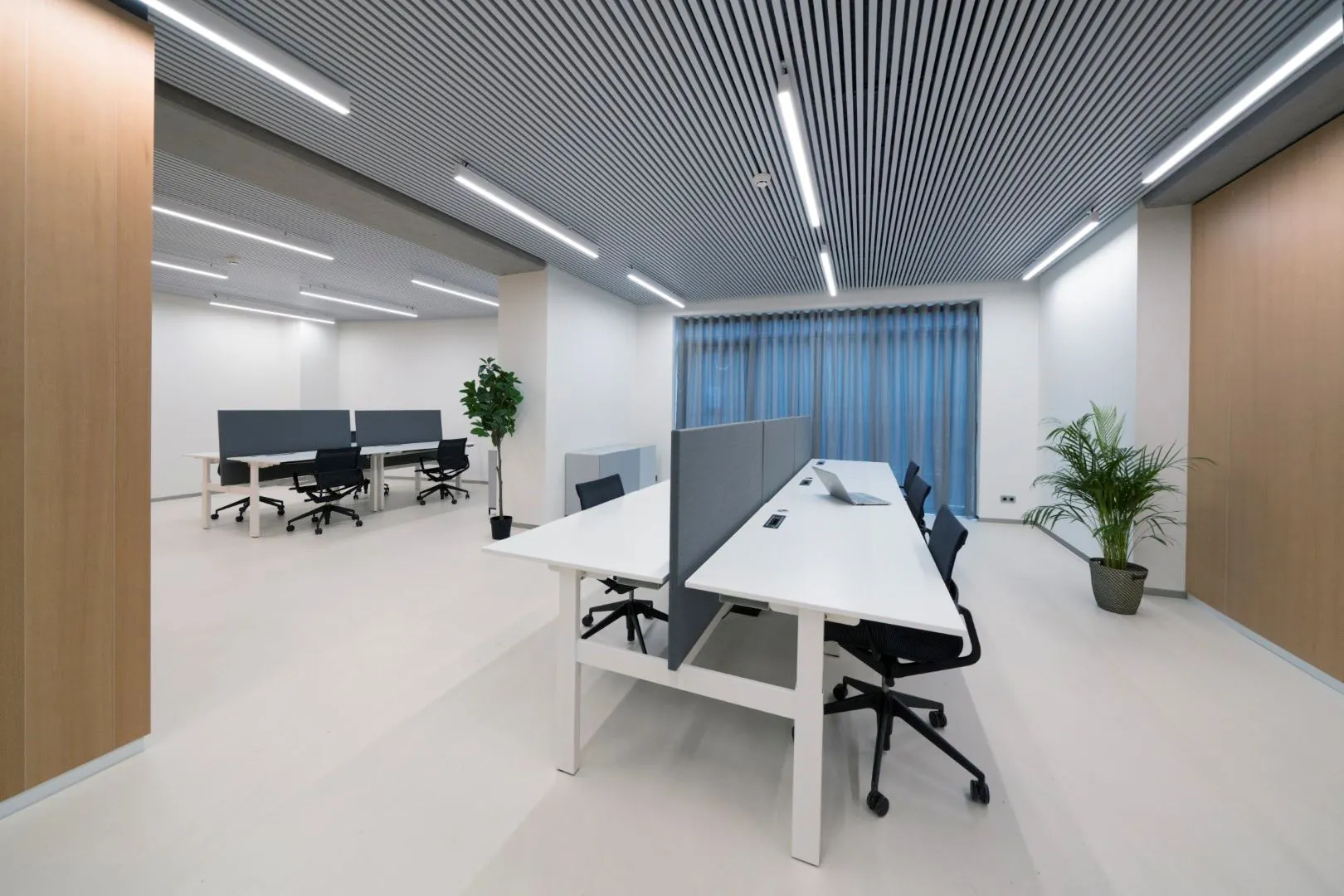 Moderne en lichte kantoorruimte aan de Wardropstraat 5 met werkplekken, scheidingspanelen, bureaustoelen en kamerplanten.