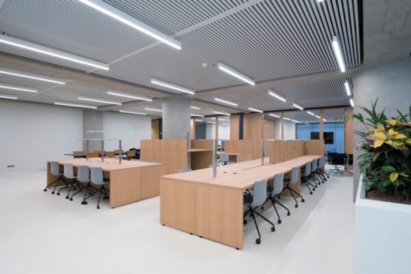 Moderne, open kantoorruimte aan de Wardropstraat 5 met houten bureaus, grijze stoelen en groene planten.