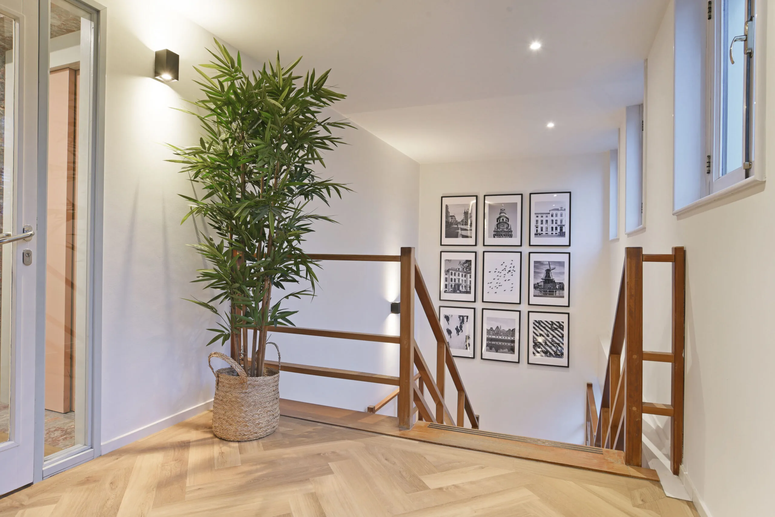 Licht trappenhuis met houten vloer, grote plant in mand en fotowand met zwart-wit stadsbeelden in Kennemerplein 20, Haarlem.