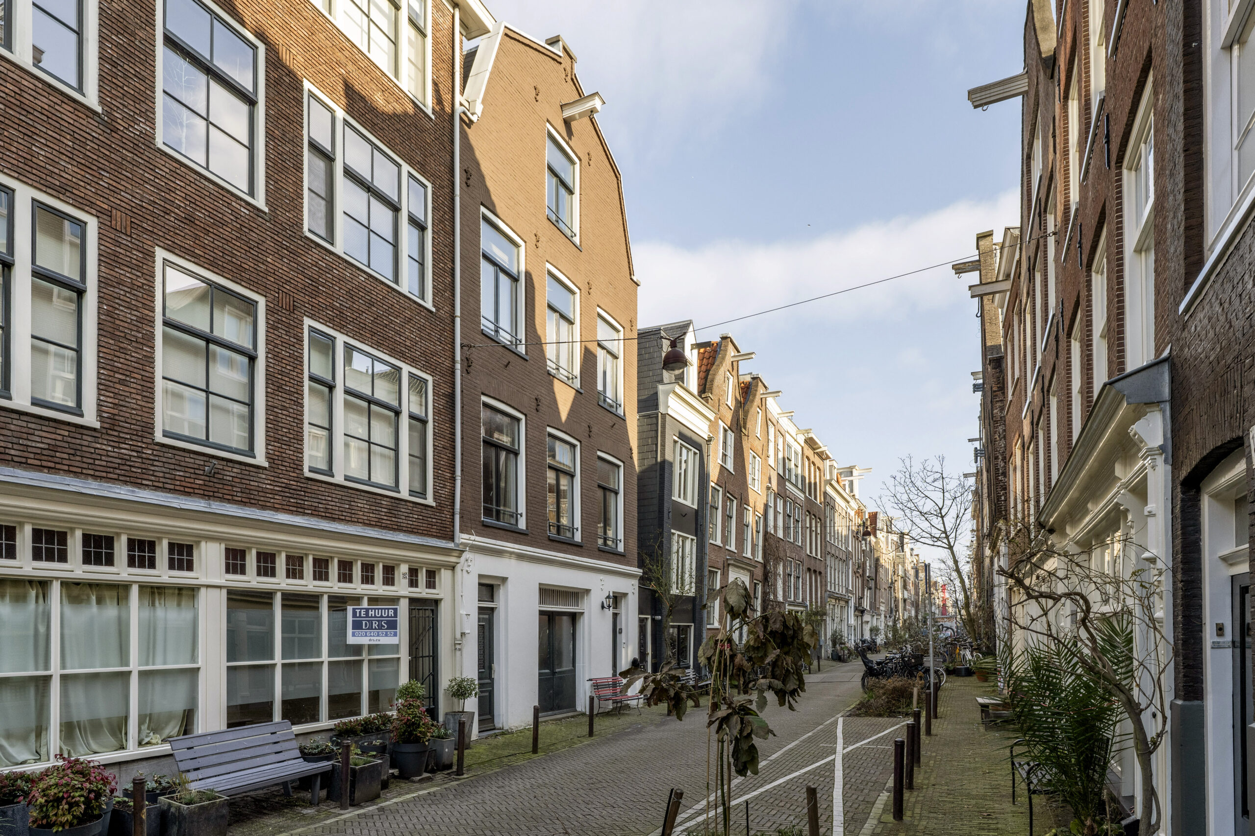 Smalle straat met klassieke bakstenen gevels en plantenbakken in de Leliestraat, gefotografeerd door Paul Starink.
