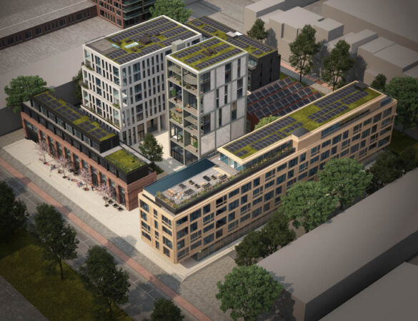 Luchtbeeld van het duurzame gebouwencomplex Republica PV1024_1 met groendaken en zonnepanelen.