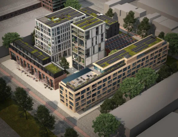 Luchtbeeld van het duurzame gebouwencomplex Republica PV1024_1 met groendaken en zonnepanelen.