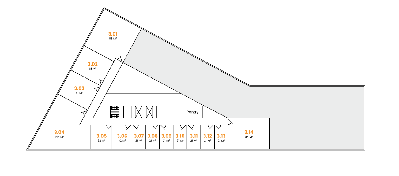 Plattegrond van de derde verdieping van John M. Keynesplein 10 in Amsterdam met genummerde kantoorruimtes en oppervlaktes in vierkante meters.