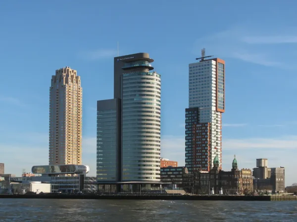 Skyline of Rotterdam's Kop van Zuid with modern high-rise buildings along the waterfront.