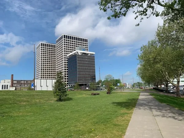 Modern office buildings in Rotterdam West with a green park and walking path in the foreground.