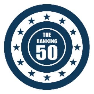 Donkerblauw embleem met de tekst "The Banking 50" omringd door sterren.