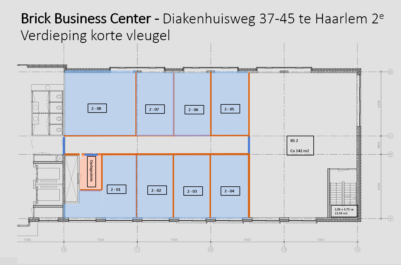 Plattegrond van de tweede verdieping, korte vleugel, van het Brick Business Center aan de Diakenhuisweg 37-45 te Haarlem met kantoorunits en opslagruimte.