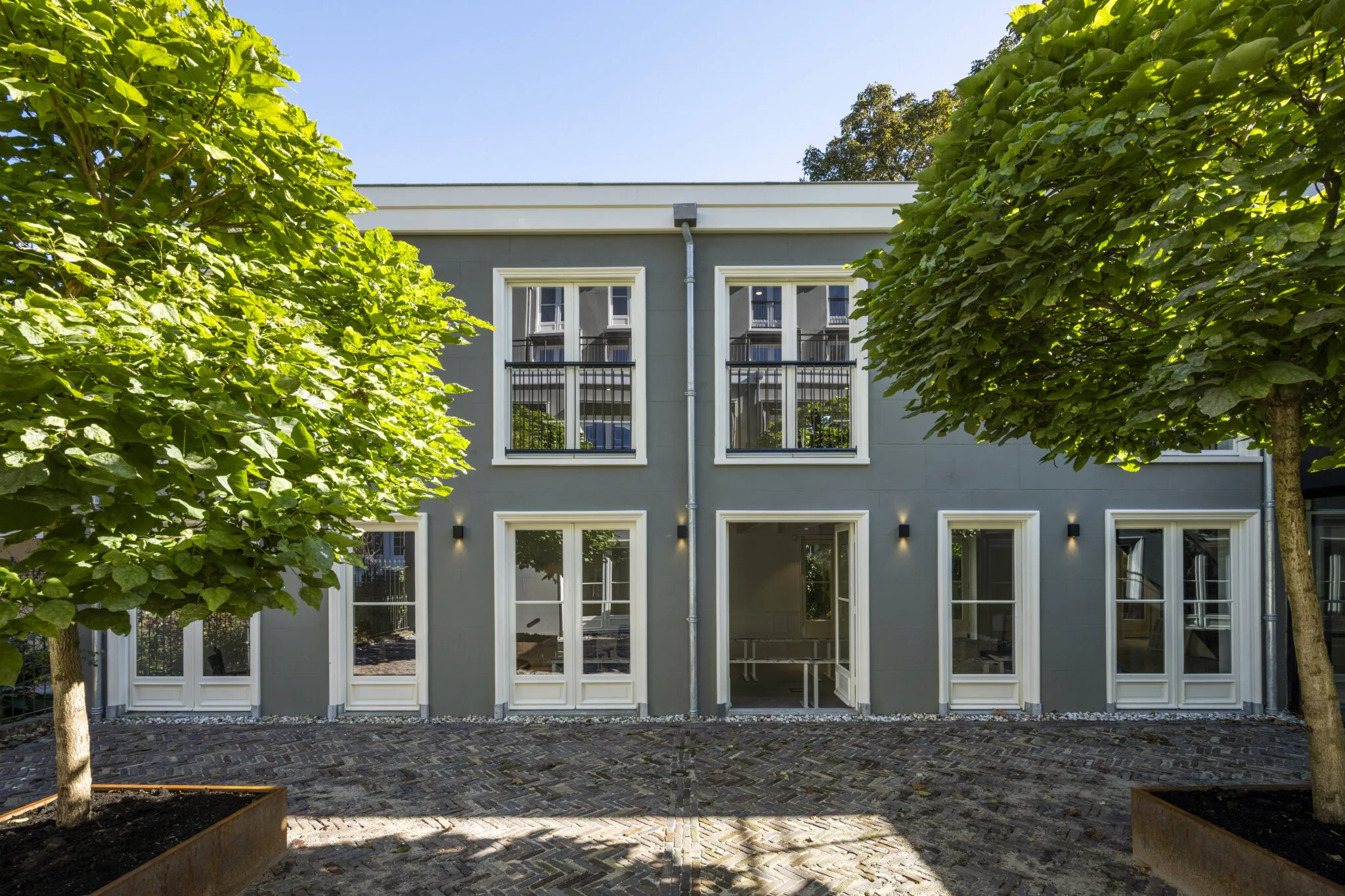 Tuin met jonge bomen, een stenen terras en uitzicht op een modern grijs gebouw met witte kozijnen.