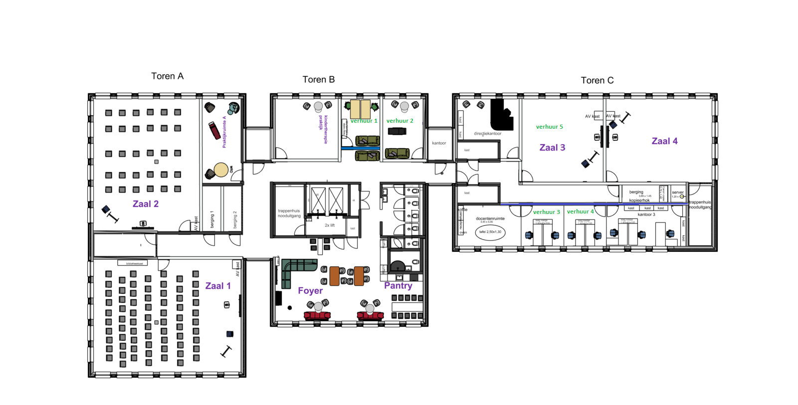 Plattegrond van verdieping 6 met verschillende verhuur ruimten, zalen, kantoren en algemene voorzieningen.