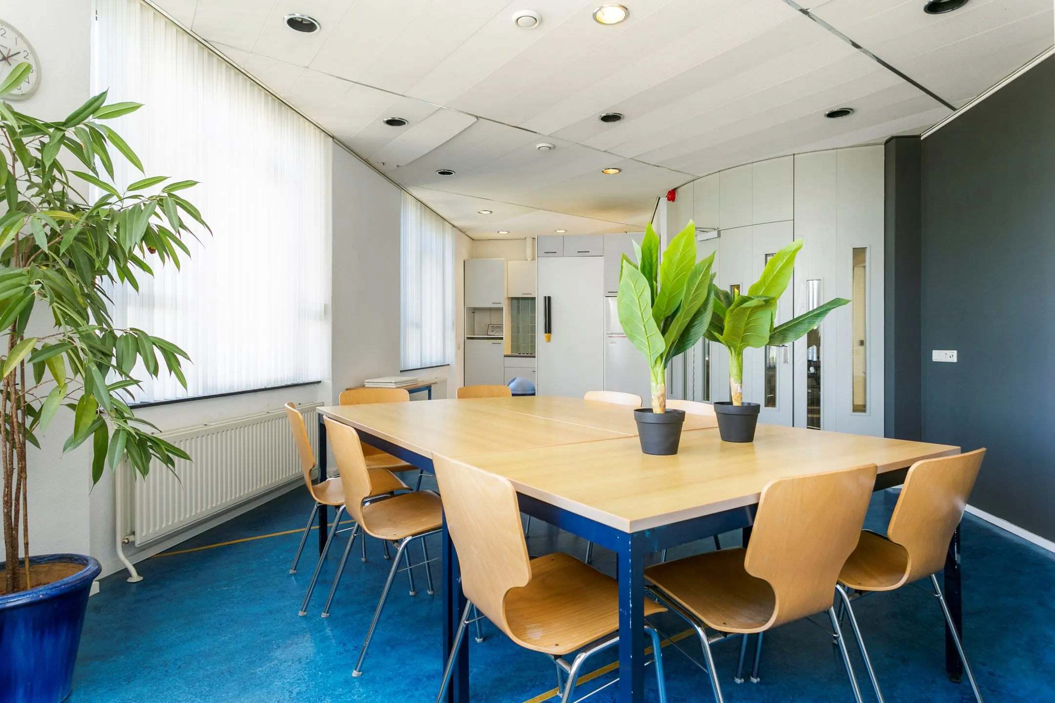 Vergaderruimte in Maassluis met houten tafel, acht stoelen, grote planten en veel daglicht.